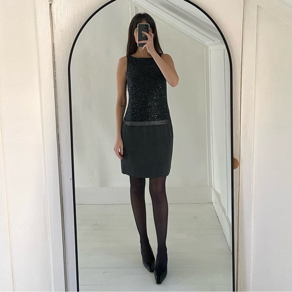 Linda Allard Ellen Tracy Vintage 90s Wool Beaded Drop Waist Mini Dress